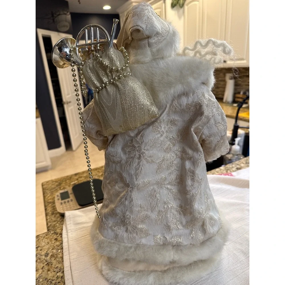 20 Inch Elegant White Gold Santa Claus Figurine Brocade Coat Faux Fur Trim Decor